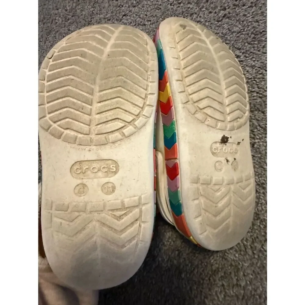 CROCS White Kids' Classic Clog with Rainbow Chevron Trim Sz 11